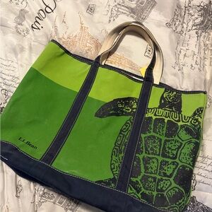 L.L. Bean Large Blue and Green Sea Turtle Canvas Tote Bag Beach Bag
